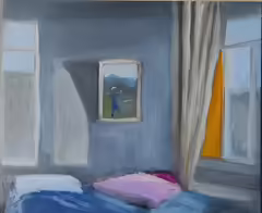 Original painting by Natan Shalva – Our bedroom, with the painting I drew for you: you on the mountain, in a pose of victory.