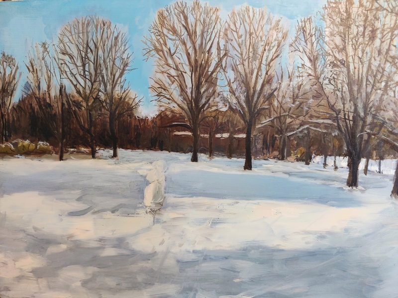 Oil painting &ldquo;The old snowman in the park&rdquo; by Natan Shalva