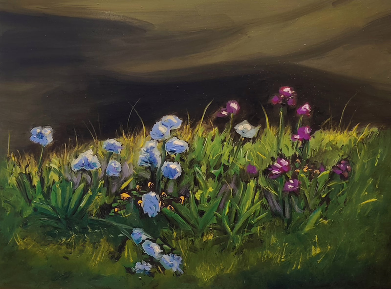 Oil painting &ldquo;The irises by the small garden pool&rdquo; by Natan Shalva