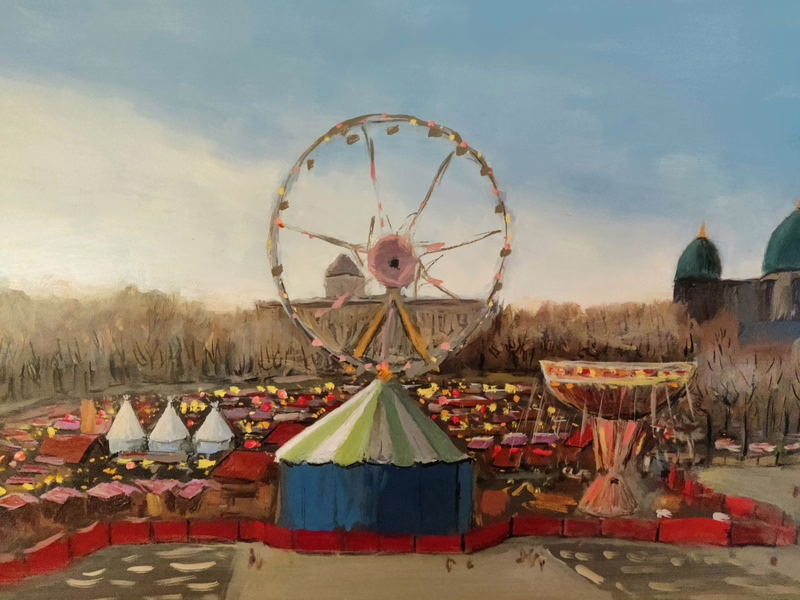 Oil painting &ldquo;The circus in the city&rdquo; by Natan Shalva
