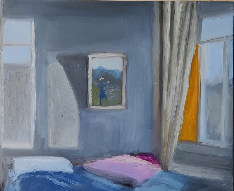 Oil painting &ldquo;Our bedroom, with the painting I drew for you: you on the mountain, in a pose of victory.&rdquo; by Natan Shalva