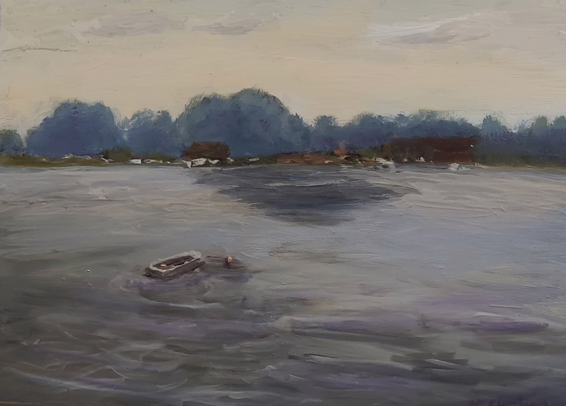 Oil painting &ldquo;A small boat on the river&rdquo; by Natan Shalva