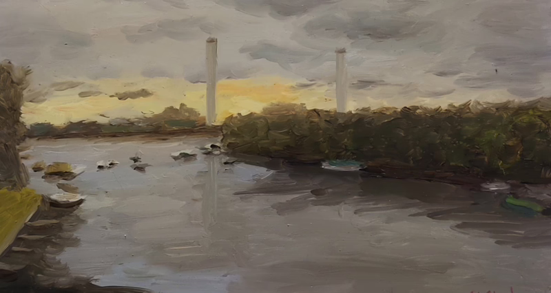 Oil painting &ldquo;The sunset from the bridge in the park. Berlin 2019&rdquo; by Natan Shalva
