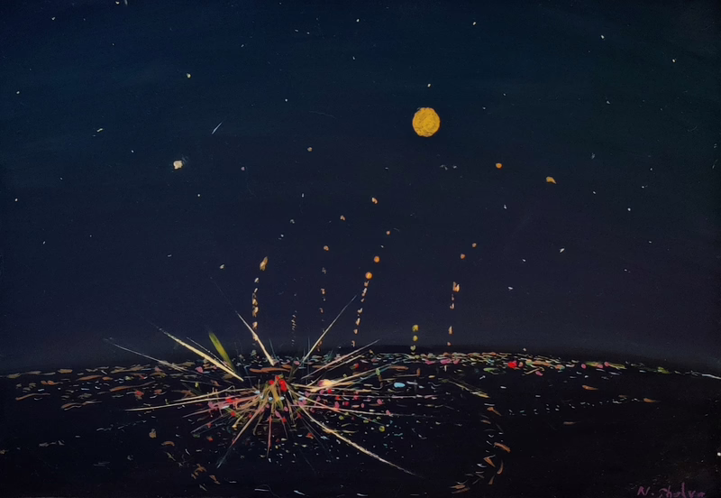 Oil painting &ldquo;The 2009 Fusion Festival as I remember it from the hill at night&rdquo; by Natan Shalva