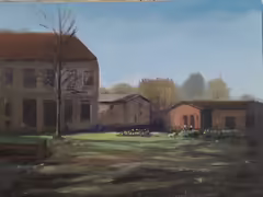Original painting by Natan Shalva – In the garden of the house, Sharon and Michal drinking coffee on a early spring sun